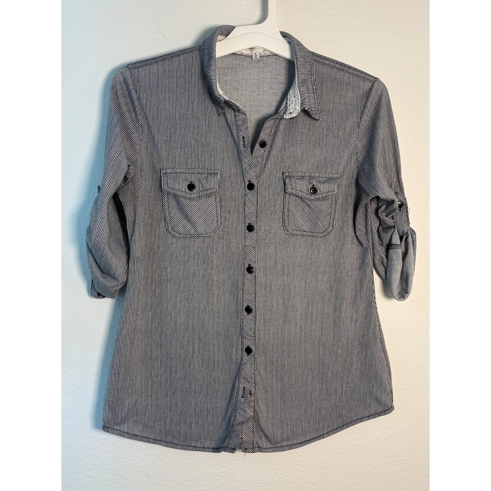 Eden & Olivia Womens Small Navy Blue White‎ Striped Lace Trim Short Sleeve Top